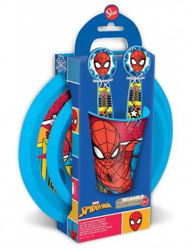 SET 5 pezzi SpiderMan piatto piano fondo bicchiere e posate - DIM74700 | Futurartb2b Ingrosso Giocattoli