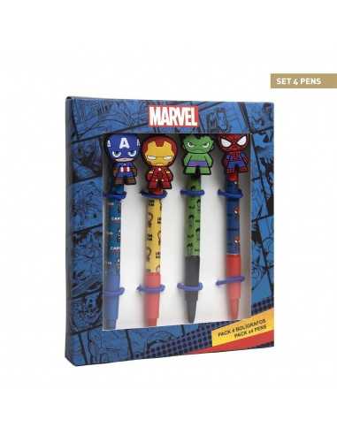 Set di 4 penne a sfera per bambino con personaggi Marvel, a click con sagoma supereroi, inchiostro nero - CER2700000340 | Fut...